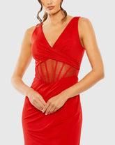 Red Sheer Mesh Caged Midriff V-Neck Jersey Midi Dress